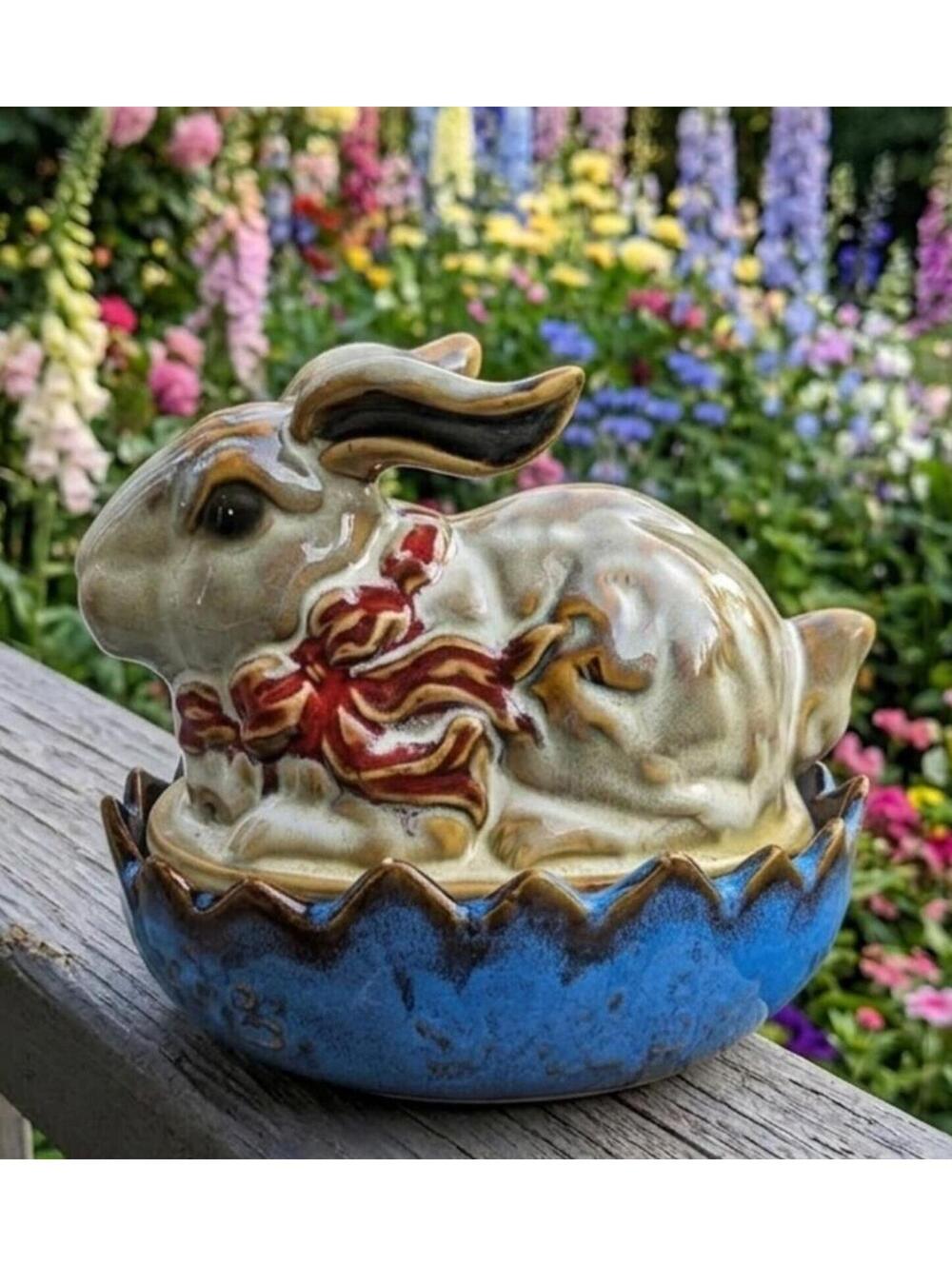 Vintage Ceramic Bunny Rabbit on Nest Lidded Dish Blue Drip Glaze Trinket Box